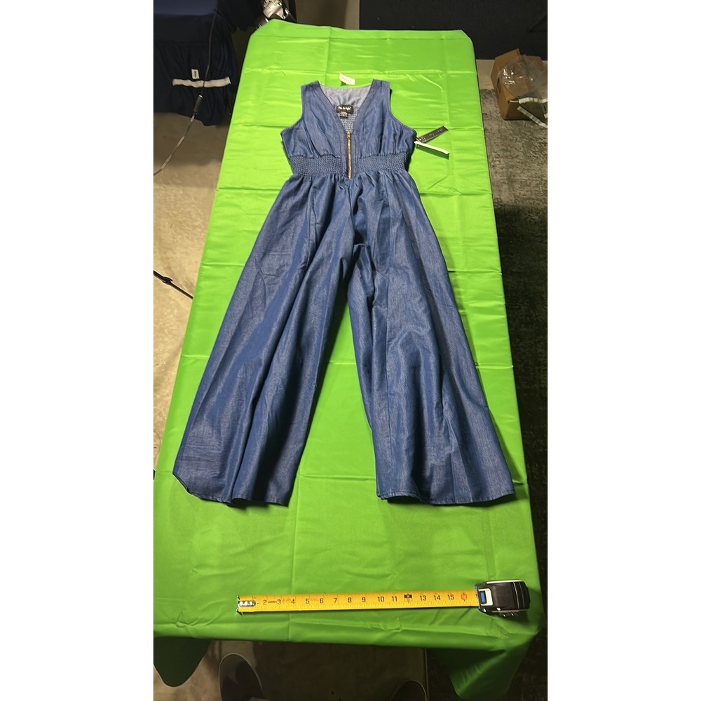 Step In Style Denim Look Chambray Midi Jumpsuit Smocked Waist Blue M - Picture 4 of 11